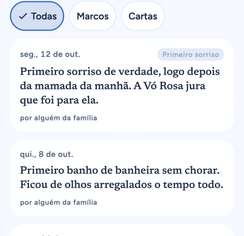 O Diário: notas como 'Primeiro sorriso de verdade, logo depois da mamada da manhã' e 'Primeiro banho de banheira sem chorar', com filtros Todas, Marcos e Cartas.