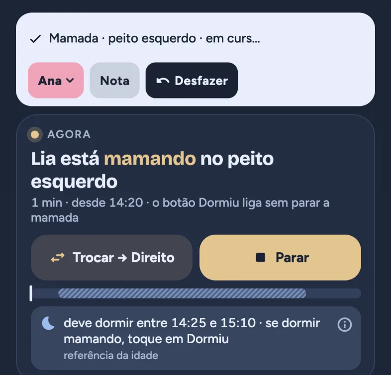 A Hoje no tema escuro: 'Lia está mamando no peito esquerdo', com Trocar → Direito e Parar.