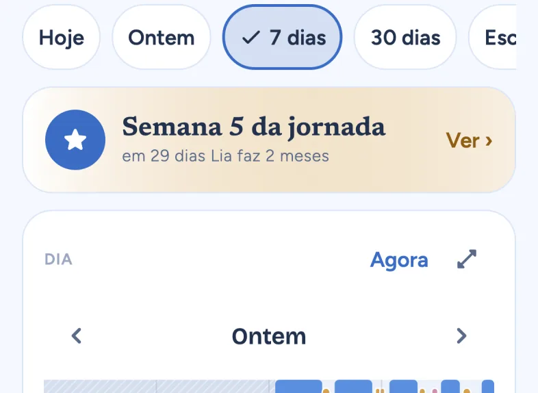 O Resumo: períodos Hoje, Ontem, 7 dias, 30 dias; 'Semana 5 da jornada' e a faixa do dia com sono, mamadas e fraldas.
