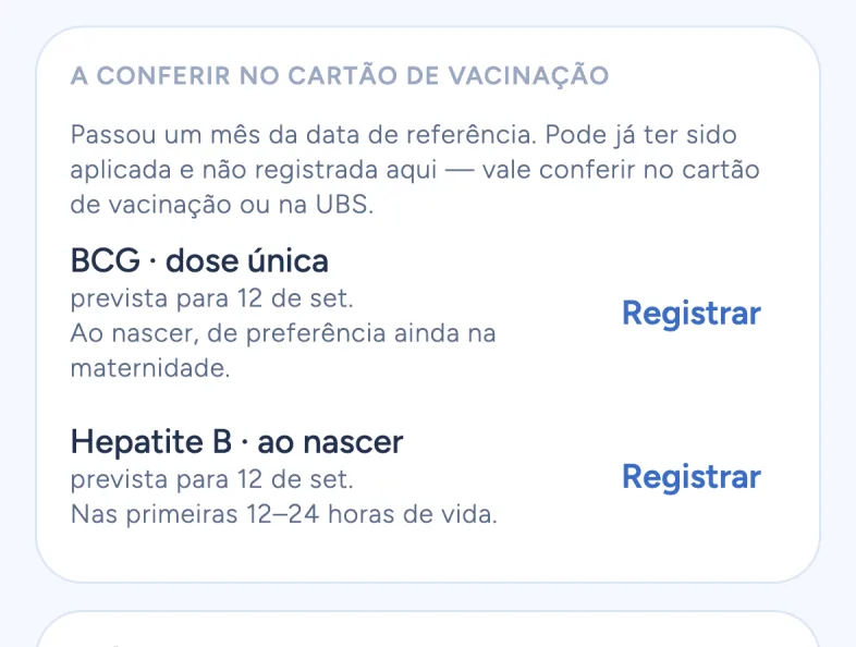 A tela Vacinas: 'A conferir no cartão de vacinação' com BCG e Hepatite B ao nascer e o botão Registrar.